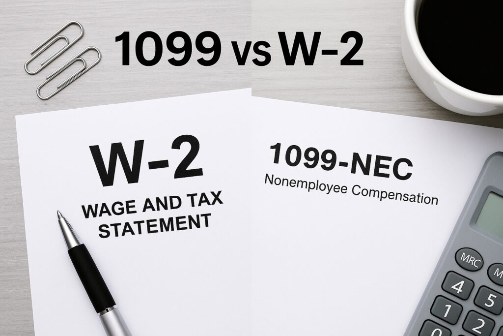 1099 vs W-2 — tax forms and office desk items.