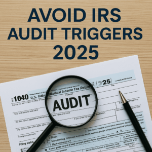 Avoid IRS audit triggers 2025 — tax form with magnifying glass and pen.