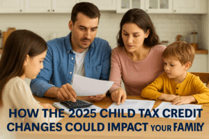 Parents calculating 2025 Child Tax Credit with children nearby at a kitchen table.