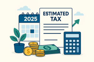 Estimated tax payments 2025 — illustration with calendar, estimated tax document, calculator, coins, and dollar bills