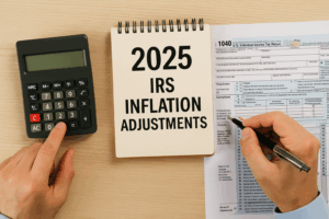 Taxpayer reviewing 2025 IRS inflation adjustments with calculator and Form 1040.