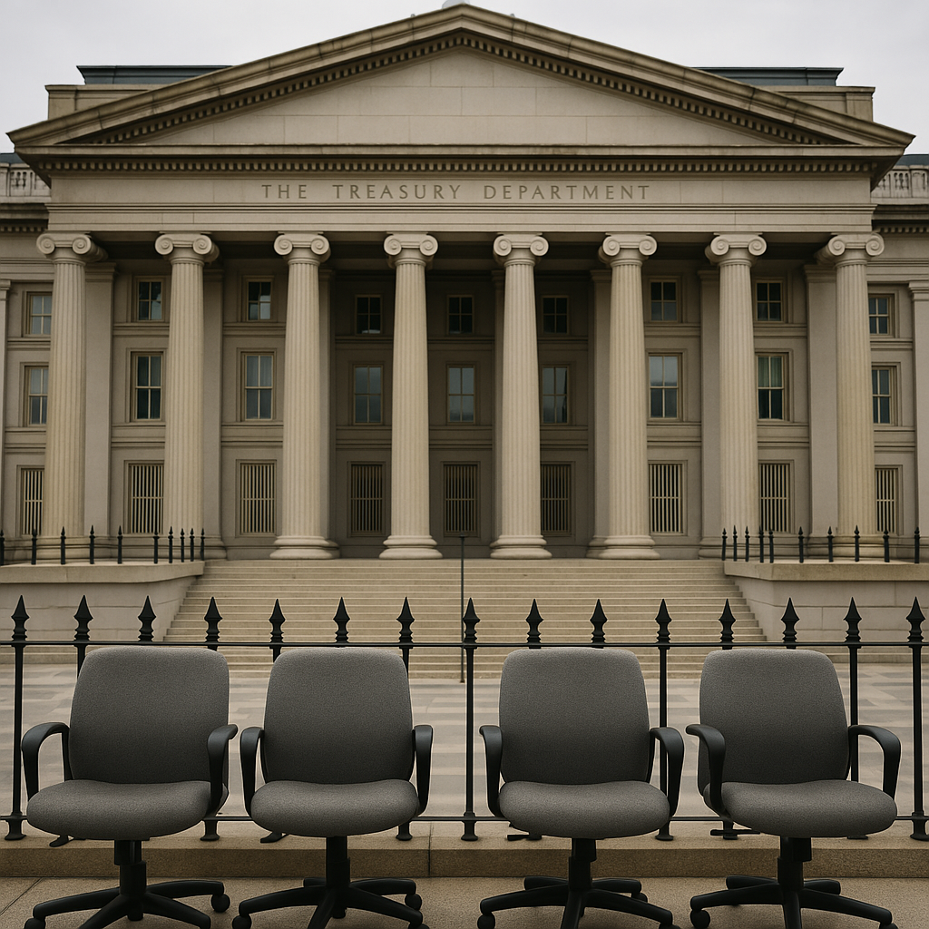 United States Treasury Department building with four empty office chairs.

