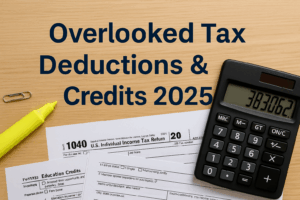Overlooked tax deductions and credits 2025 — tax forms and calculator on desk.