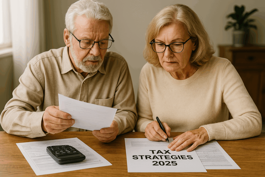Senior couple reviewing retirement tax documents at home in 2025.