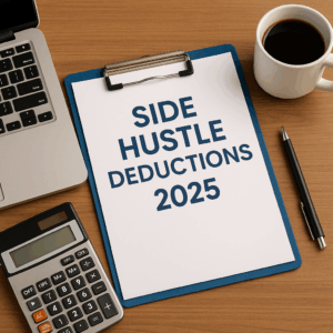 Side hustle tax deductions 2025 — laptop and calculator on desk.