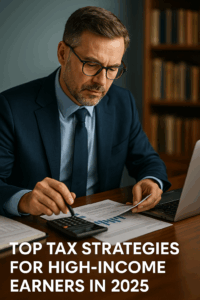 Tax planning for high-income earners in 2025 — professional reviewing financial documents at a desk.