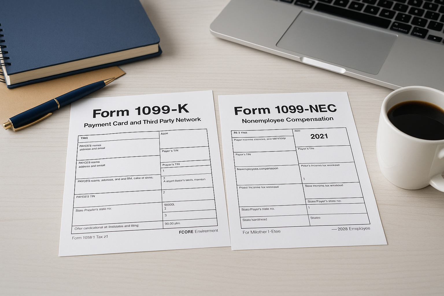 Form 1099-K vs. 1099-NEC: Photorealistic image of IRS Form 1099-K and Form 1099-NEC on a desk, representing tax reporting for side hustlers in 2025.