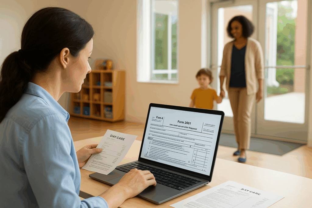 7 Essentials: Child and Dependent Care Credit 2025.  Parent working at a laptop while a caregiver walks a child into a bright daycare lobby, paperwork and Form 2441 on screen.