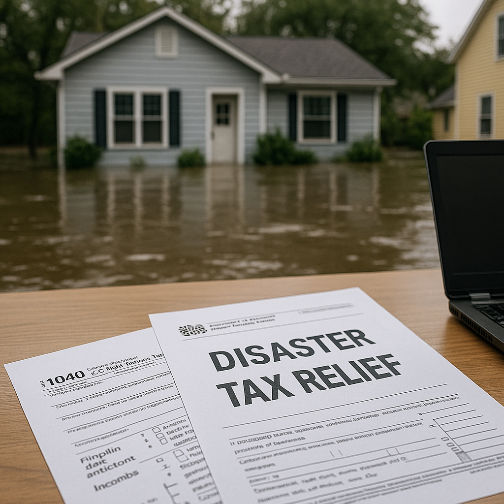 Flood-damaged neighborhood with tax papers on a desk, symbolizing IRS disaster tax relief.