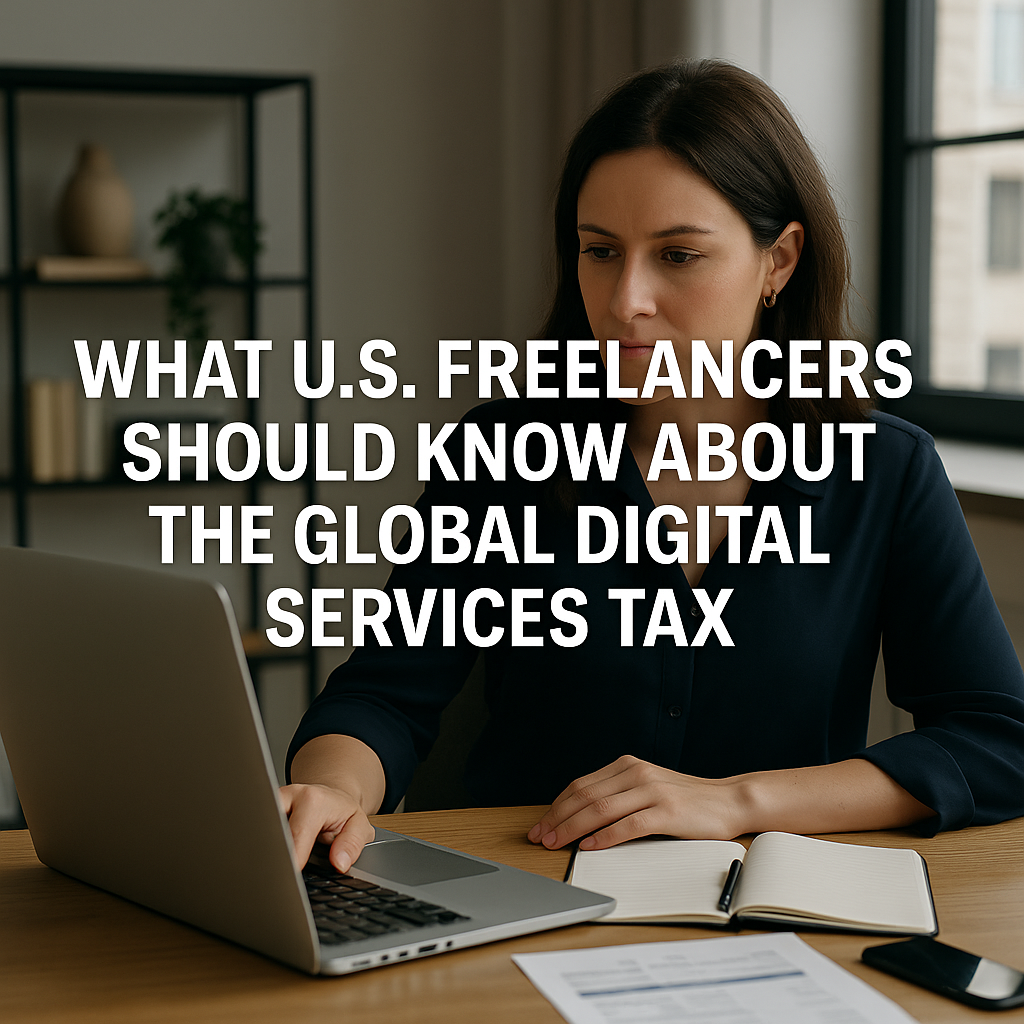 A photograph features a Caucasian woman with shoulder-length dark brown hair, working on a laptop in a modern home office, with the caption "WHAT U.S. FREELANCERS SHOULD KNOW ABOUT THE GLOBAL DIGITAL SERVICES TAX" overlayed.