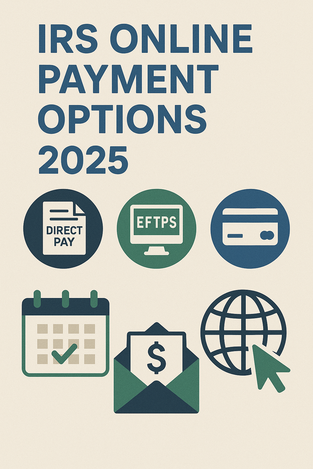 IRS Online Payment Options 2025 — icons for Direct Pay, EFTPS, credit card, calendar, payment confirmation, and internet submission