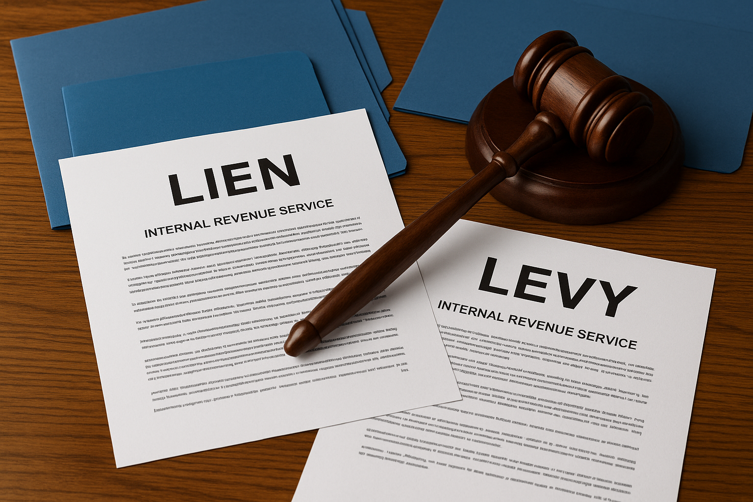 Lien vs Levy: Photorealistic IRS lien and levy documents on wooden desk with blue folders and gavel.