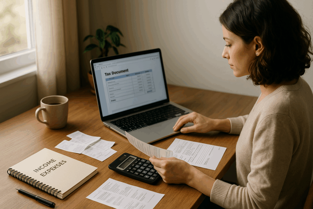 Freelancer at home workspace with laptop, receipts, and tax documents in natural light