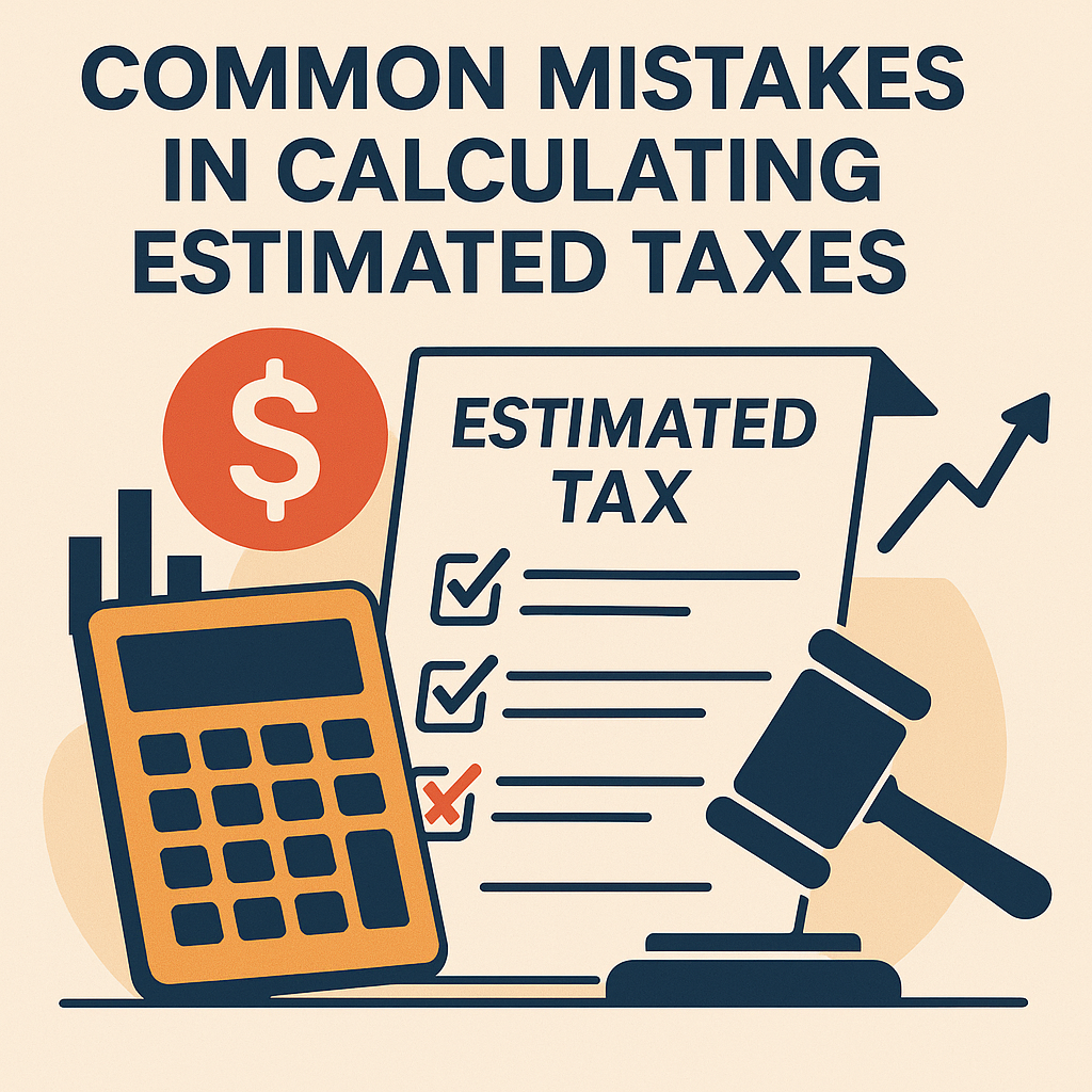 Estimated Tax Errors: Illustration of common mistakes in calculating estimated taxes with calculator, tax form, gavel, and dollar symbol